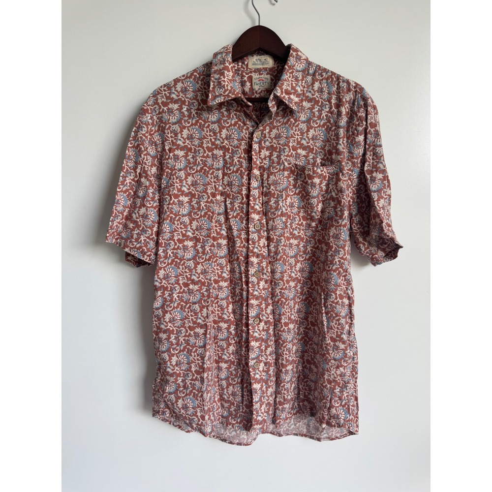 Faherty Brand Breeze Shirt Mens Large Block Print Floral Boho Coastal Red Blue - Picture 1 of 7